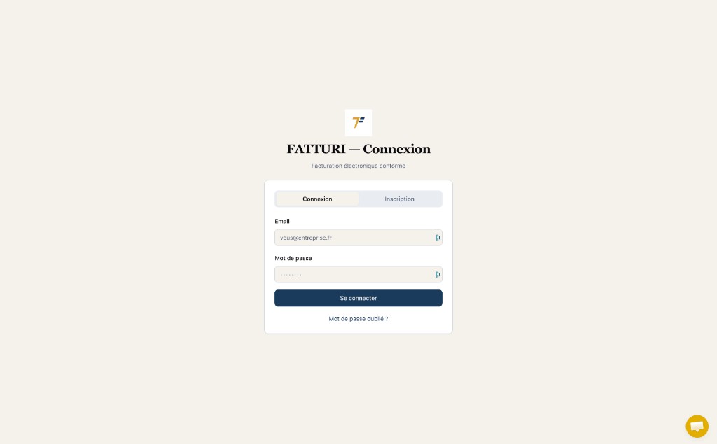 Écran de connexion Fatturi : onglets Connexion et Inscription