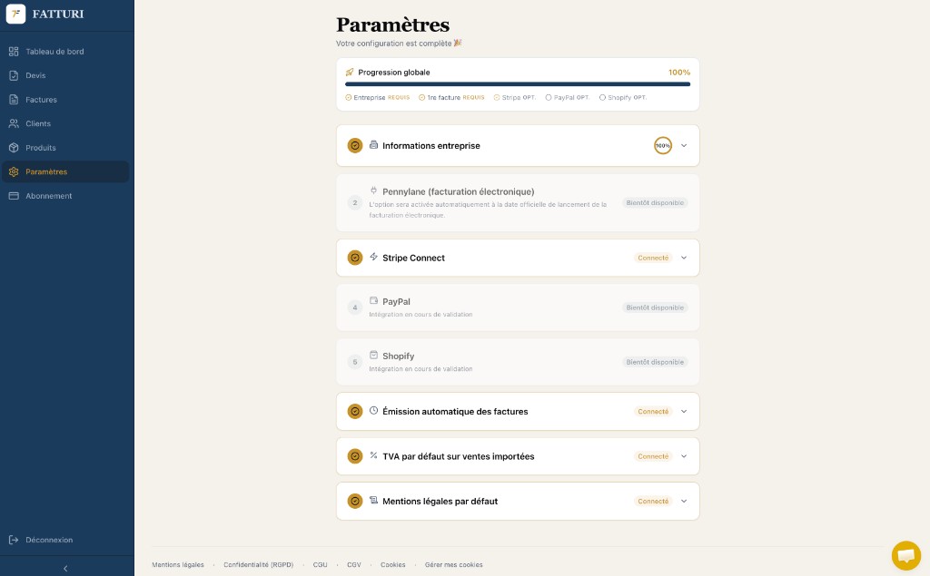 Paramètres Fatturi : progression à 100 %, informations entreprise et Stripe Connect